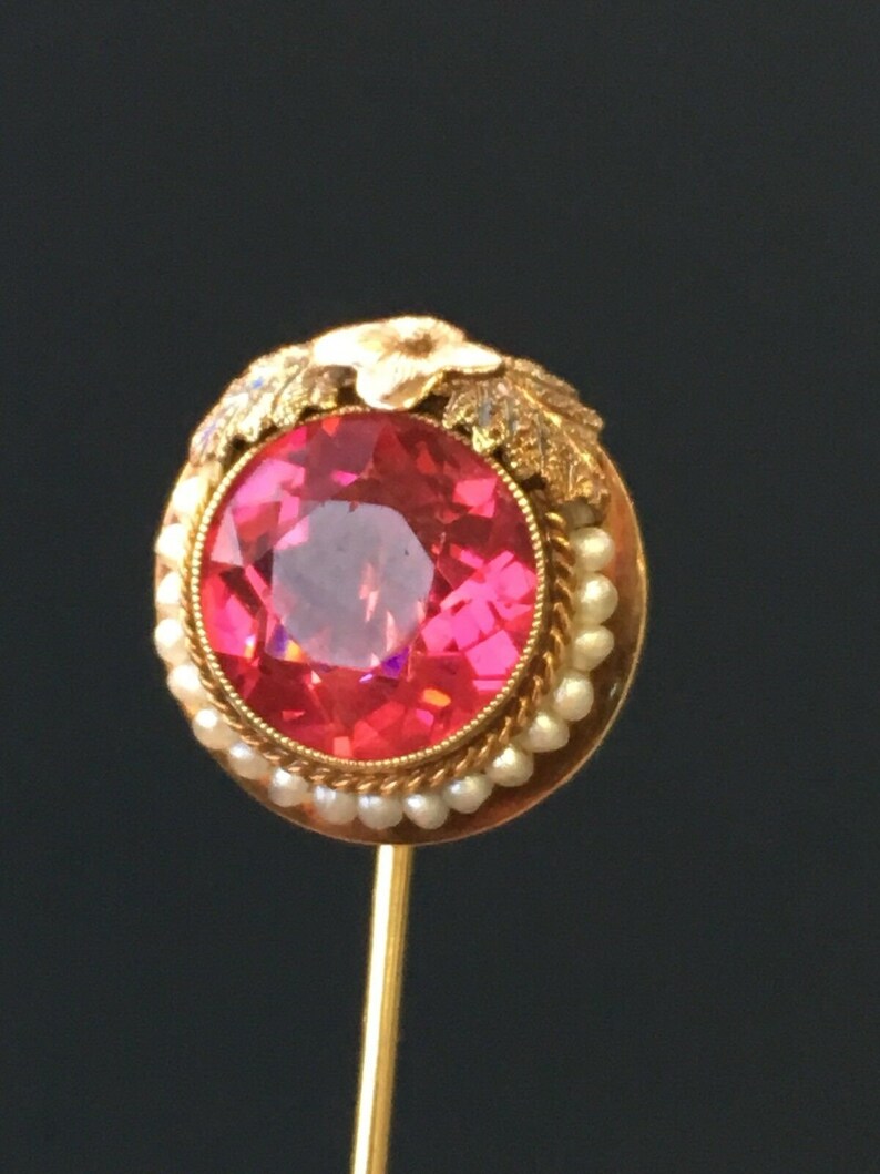 Vintage 3.28g Gold Round Syn Sapphire Pearl Pin Brooch Gem Stone Circa 1960