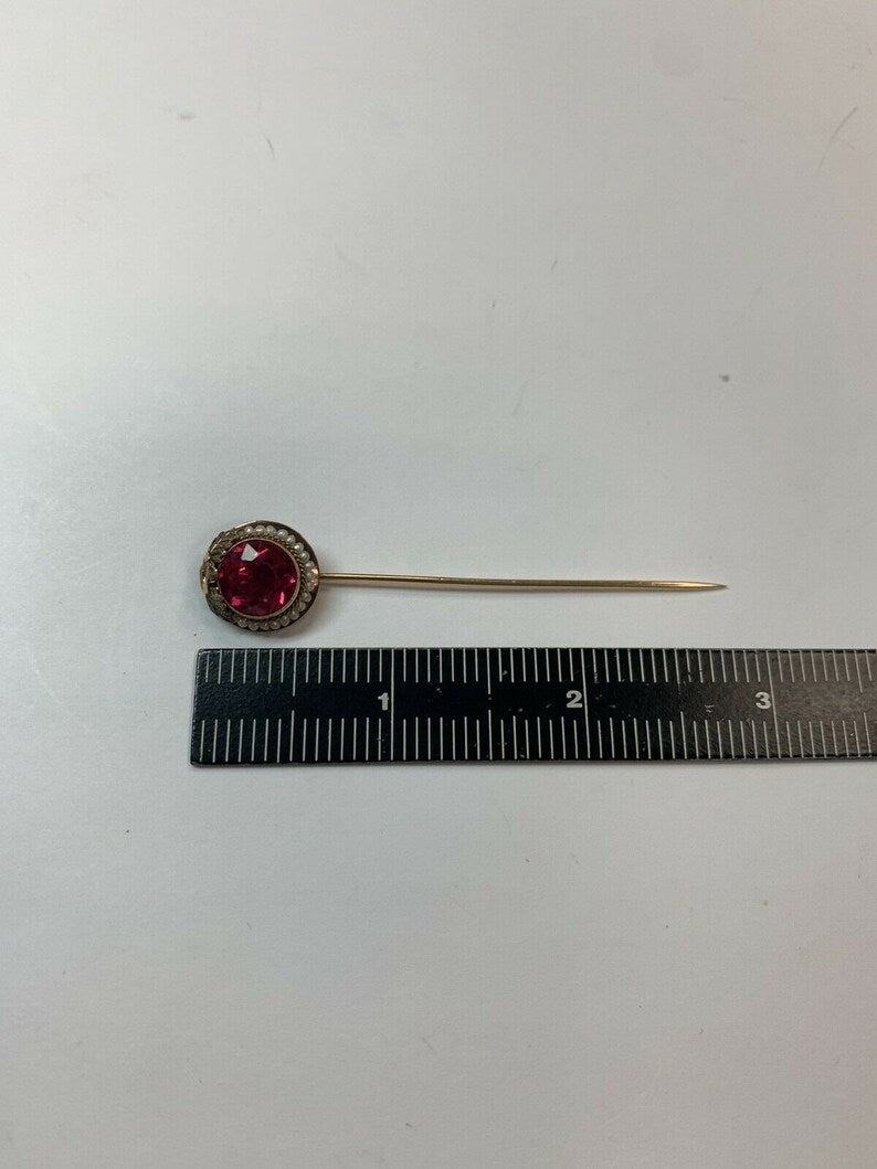 Vintage 3.28g Gold Round Syn Sapphire Pearl Pin Brooch Gem Stone Circa 1960