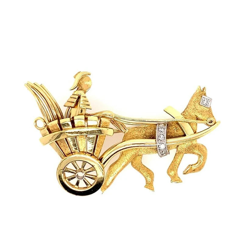 Vintage Gold Pin 0.05 Carat Natural Diamond Roman Chariot Gem Stone Circa 1980