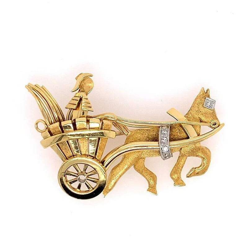Vintage Gold Pin 0.05 Carat Natural Diamond Roman Chariot Gem Stone Circa 1980