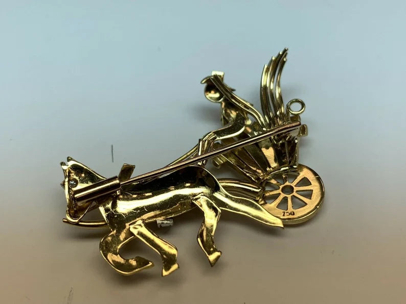 Vintage Gold Pin 0.05 Carat Natural Diamond Roman Chariot Gem Stone Circa 1980