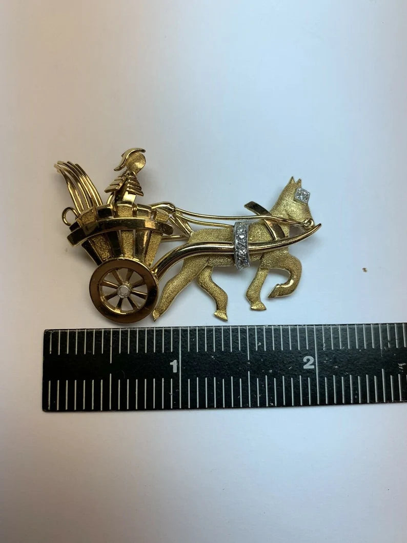Vintage Gold Pin 0.05 Carat Natural Diamond Roman Chariot Gem Stone Circa 1980