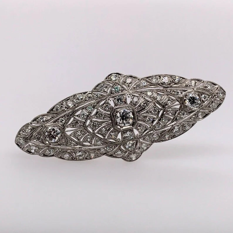Retro Platinum 4 Carat Natural Old Euro Round White Diamond Brooche Circa 1975