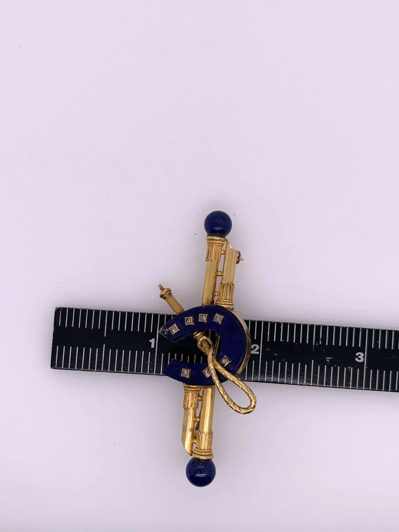 Vintage Gold Nautical Sailor Brooche Natural Blue Lapis & Diamond Pin Circa 1970