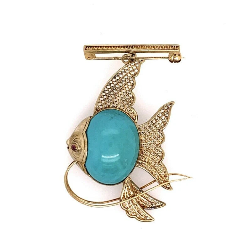 Retro Gold Fish Brooche Natural Turquoise & Ruby Hand-Made Pin Circa 1950