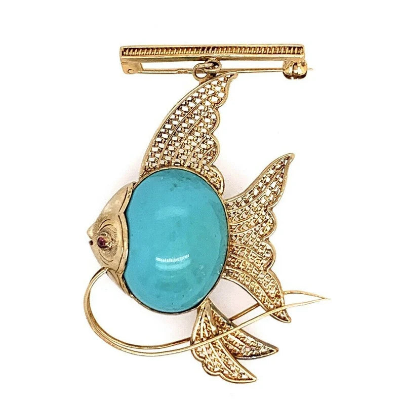 Retro Gold Fish Brooche Natural Turquoise & Ruby Hand-Made Pin Circa 1950