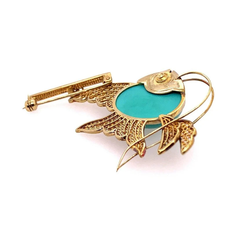 Retro Gold Fish Brooche Natural Turquoise & Ruby Hand-Made Pin Circa 1950