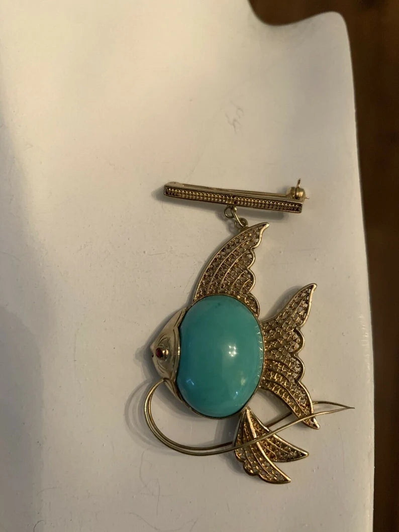 Retro Gold Fish Brooche Natural Turquoise & Ruby Hand-Made Pin Circa 1950