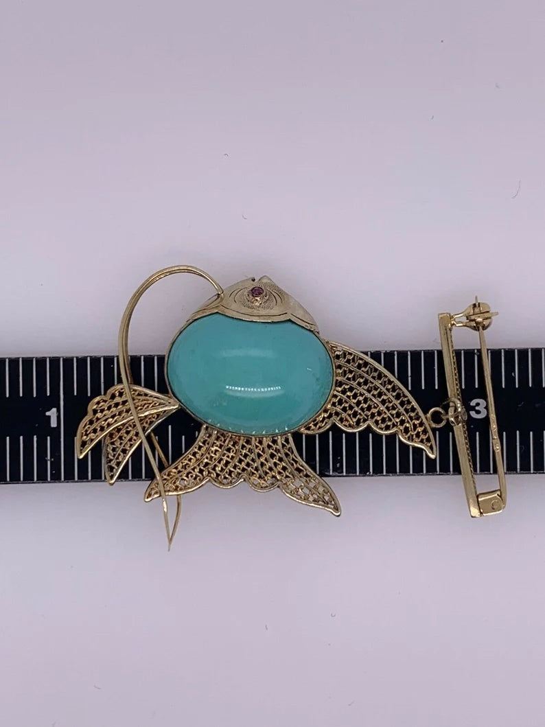 Retro Gold Fish Brooche Natural Turquoise & Ruby Hand-Made Pin Circa 1950