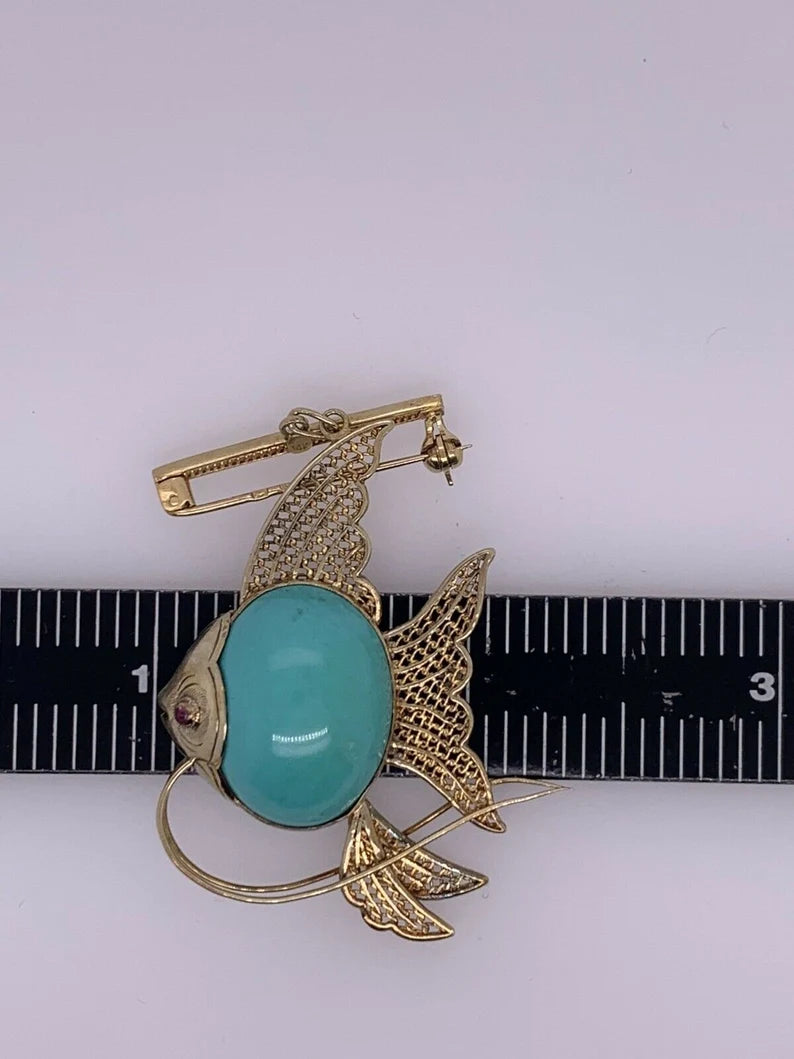 Retro Gold Fish Brooche Natural Turquoise & Ruby Hand-Made Pin Circa 1950