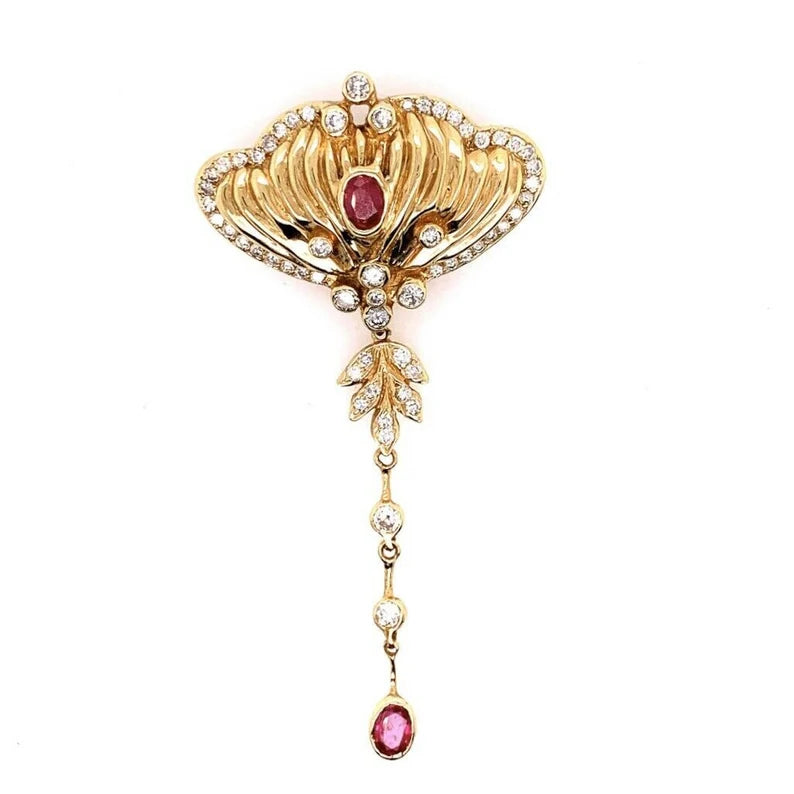 Retro Gold Vintage Brooche 3 Carat Natural Ruby & Diamond Gem Stone Circa 1960