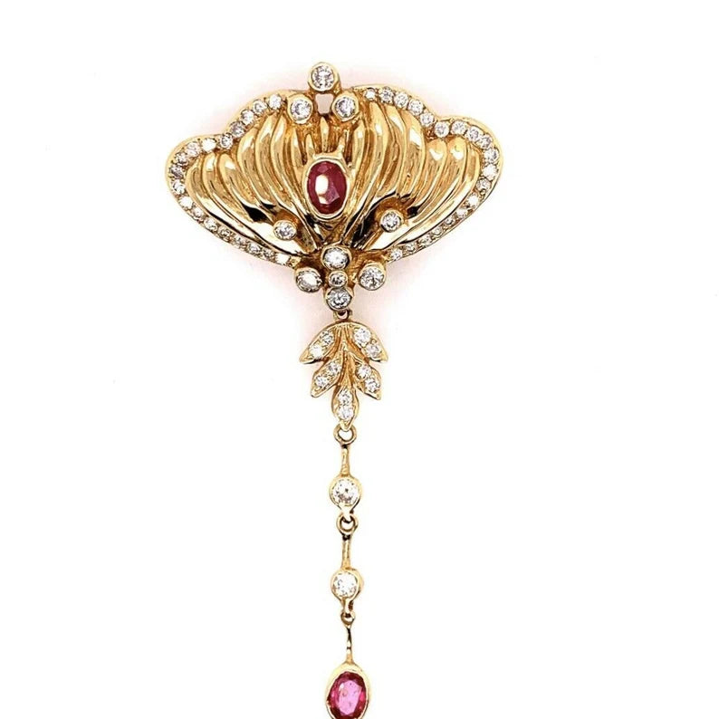 Retro Gold Vintage Brooche 3 Carat Natural Ruby & Diamond Gem Stone Circa 1960