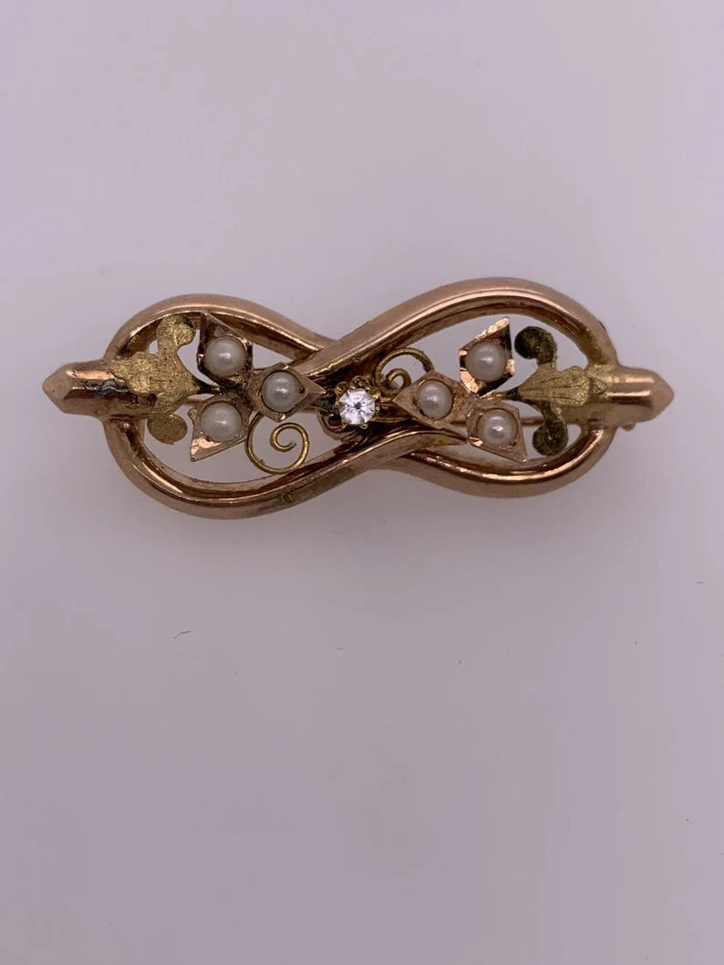 Victorian 12k Gold PIN Set With Pearl & Simulant Circa 1950 3.9 Gram