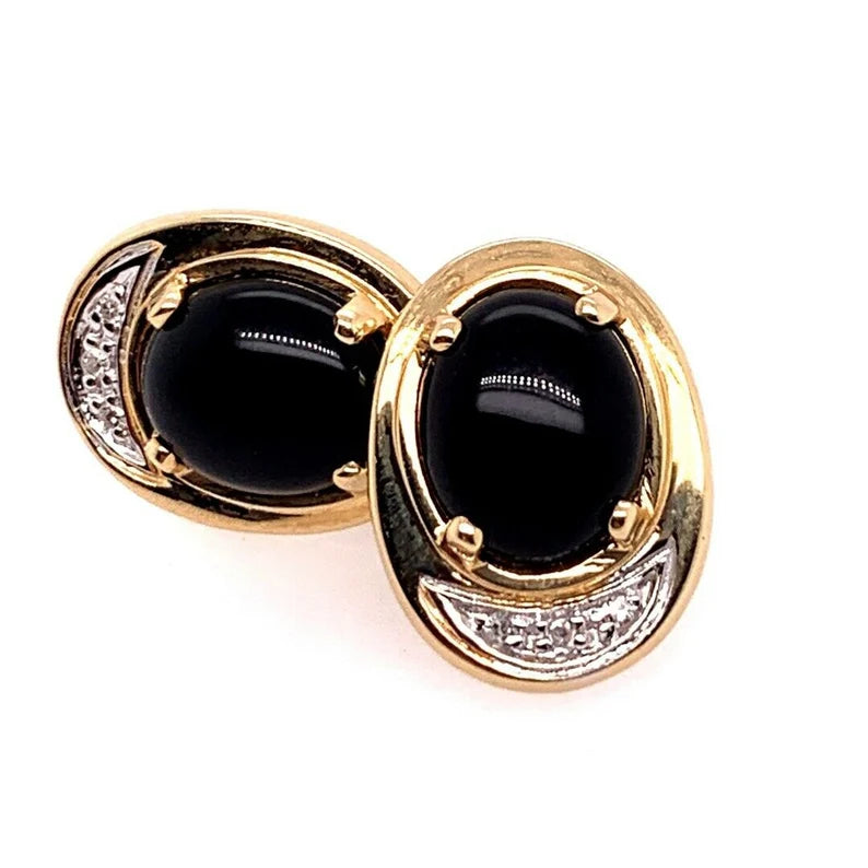 Retro Gold 4.5 Gram Natural Oval Onyx & Diamond Earrings Circa 1960