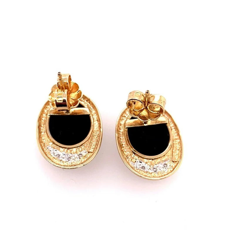 Retro Gold 4.5 Gram Natural Oval Onyx & Diamond Earrings Circa 1960