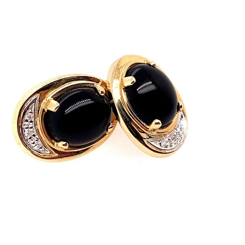 Retro Gold 4.5 Gram Natural Oval Onyx & Diamond Earrings Circa 1960