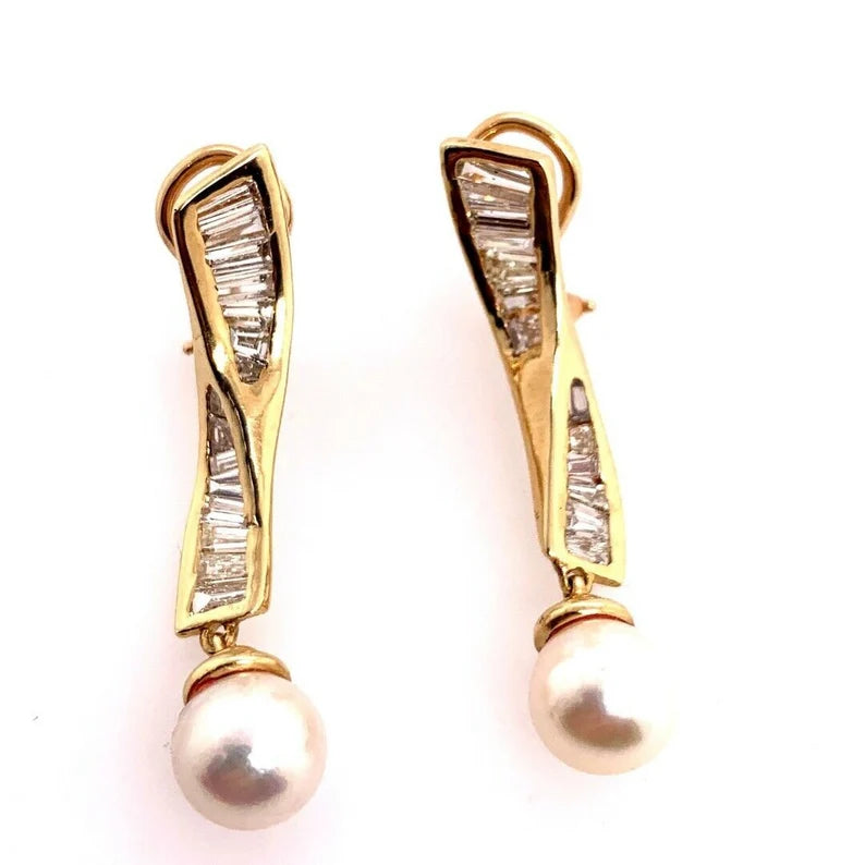 Retro Gold Earrings 1.50 Carat Natural Baguette Diamond & Pearl Circa 1970