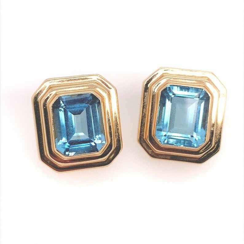 Retro 12 Carat Gold Natural Emerald Cut Blue Topaz Gem Stone Earrings Circa 1970