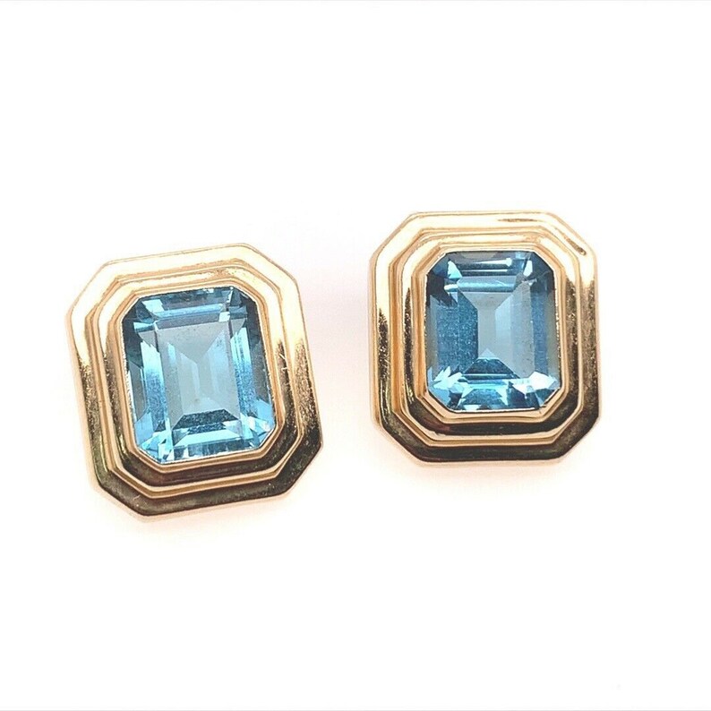 Retro 12 Carat Gold Natural Emerald Cut Blue Topaz Gem Stone Earrings Circa 1970