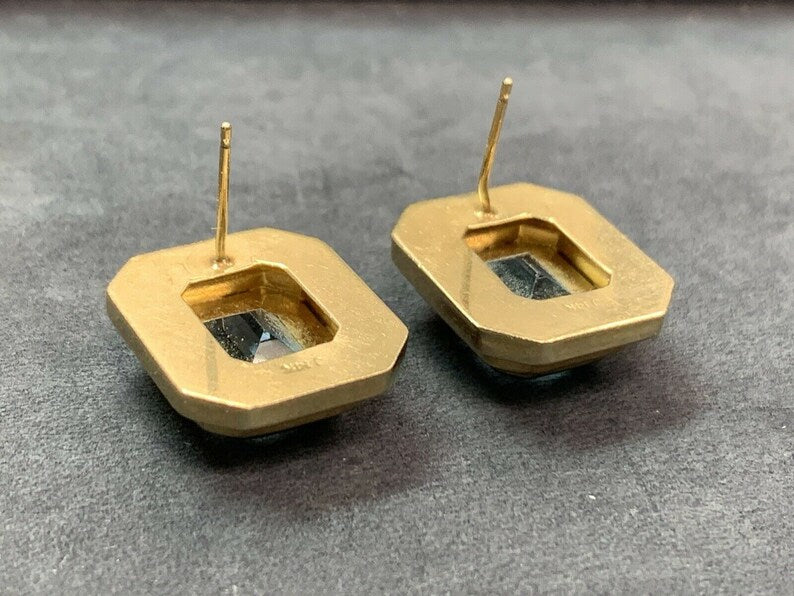 Retro 12 Carat Gold Natural Emerald Cut Blue Topaz Gem Stone Earrings Circa 1970