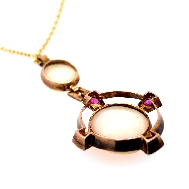 Retro Gold Pendant 10.50 Carat Natural White Cabochon Opal & Ruby Gem Circa 1950