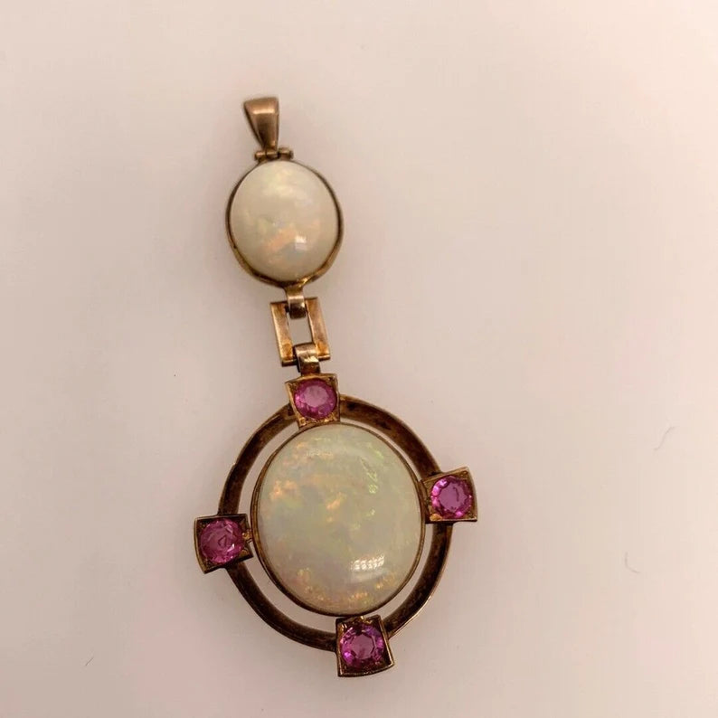 Retro Gold Pendant 10.50 Carat Natural White Cabochon Opal & Ruby Gem Circa 1950