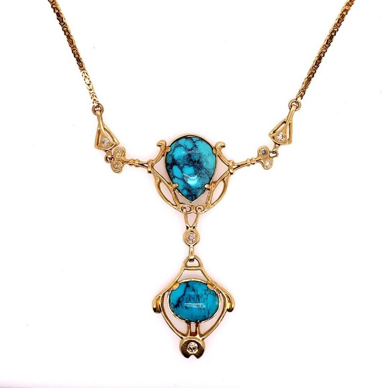 Retro Gold Natural Turquoise Gem & 0.65 Carat Round Diamond Necklace Circa 1950