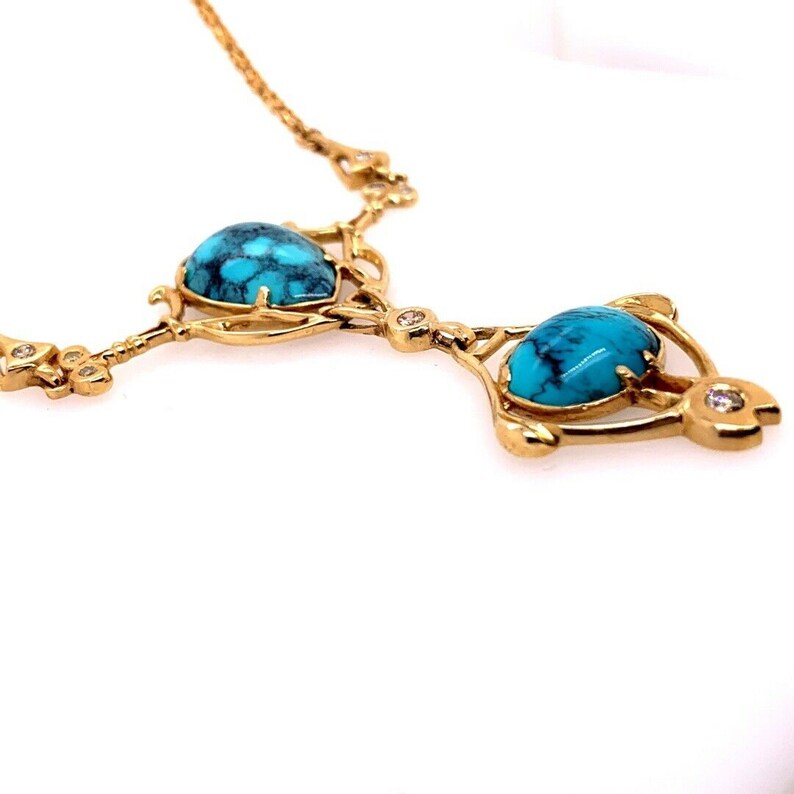Retro Gold Natural Turquoise Gem & 0.65 Carat Round Diamond Necklace Circa 1950