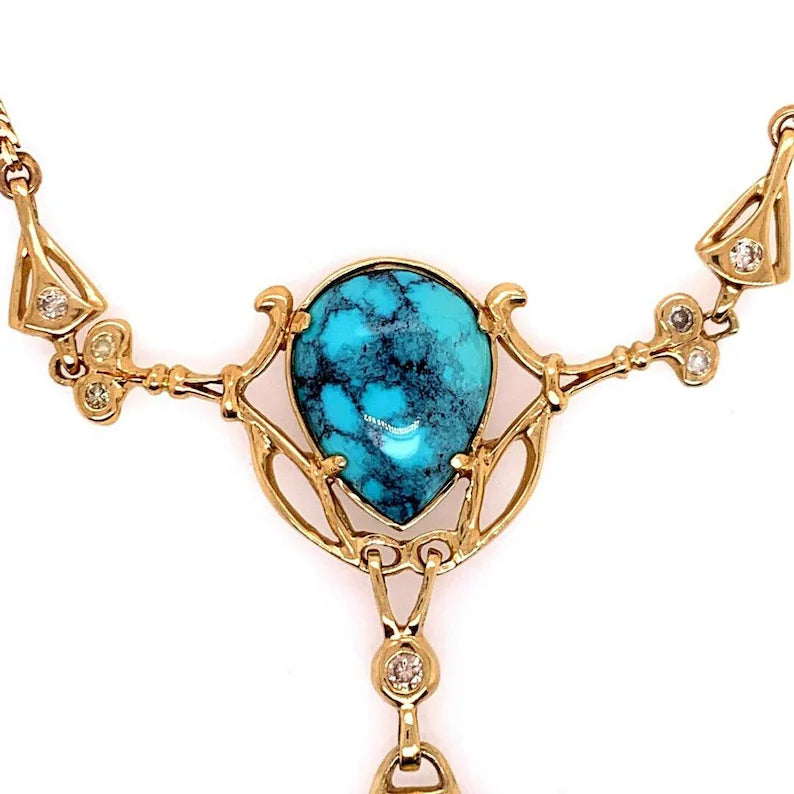 Retro Gold Natural Turquoise Gem & 0.65 Carat Round Diamond Necklace Circa 1950