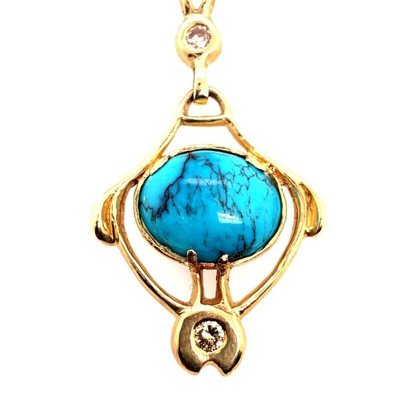 Retro Gold Natural Turquoise Gem & 0.65 Carat Round Diamond Necklace Circa 1950