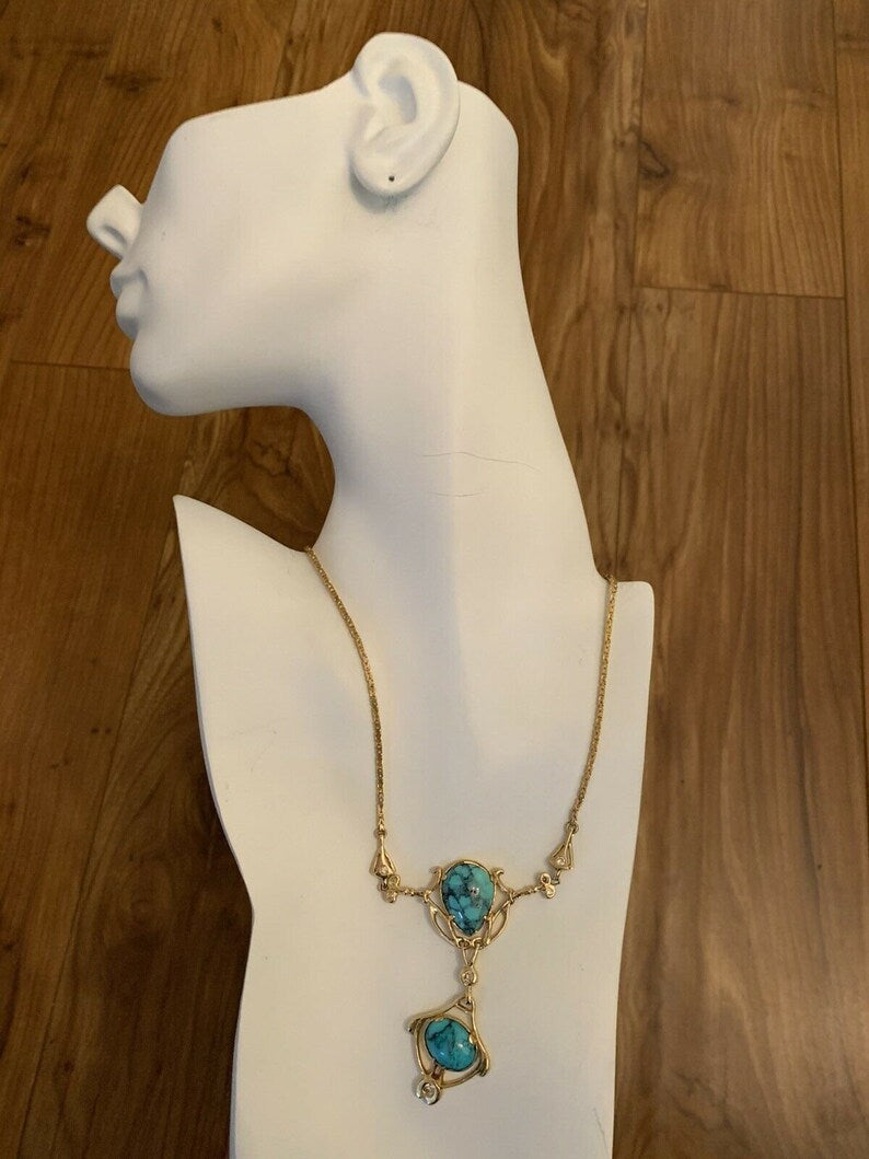 Retro Gold Natural Turquoise Gem & 0.65 Carat Round Diamond Necklace Circa 1950