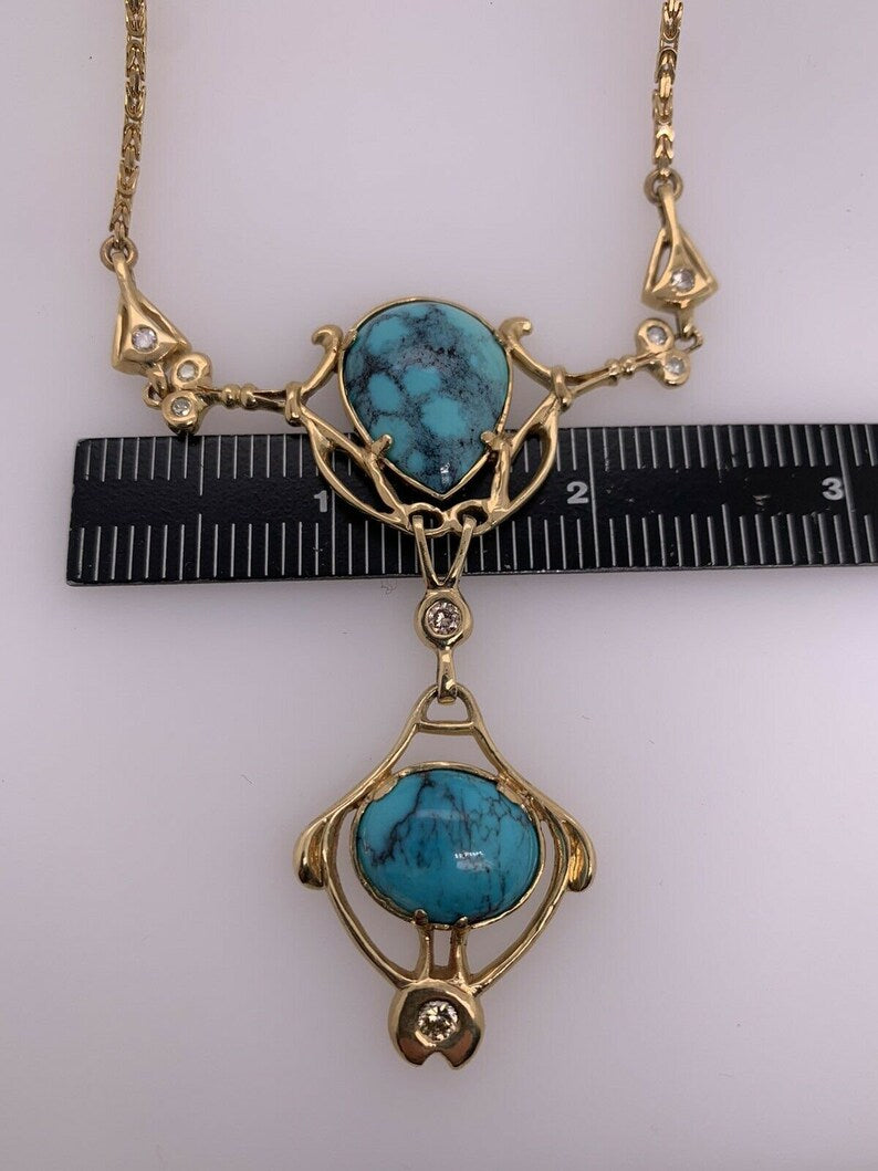 Retro Gold Natural Turquoise Gem & 0.65 Carat Round Diamond Necklace Circa 1950