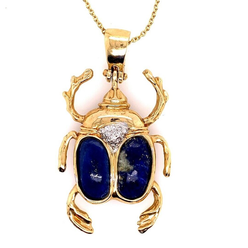 Retro Gold Beetle Pendant Natural Lapis Lazuli & 0.25 Carat Diamond Circa 1950