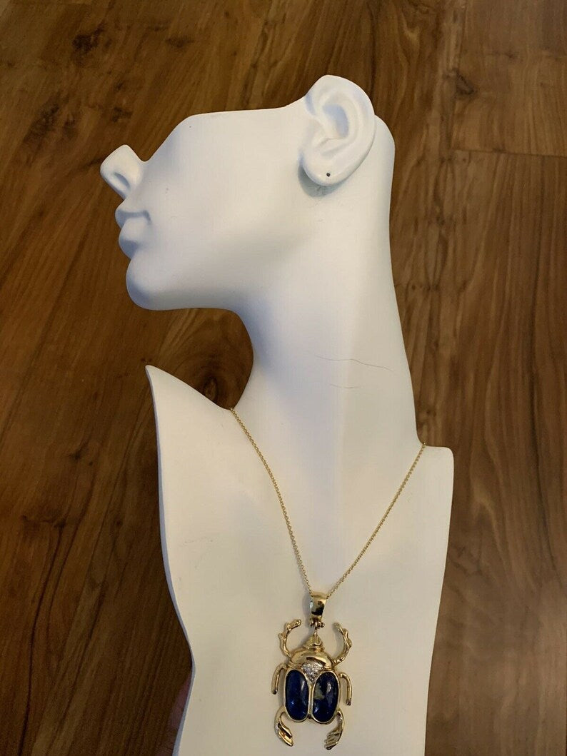 Retro Gold Beetle Pendant Natural Lapis Lazuli & 0.25 Carat Diamond Circa 1950