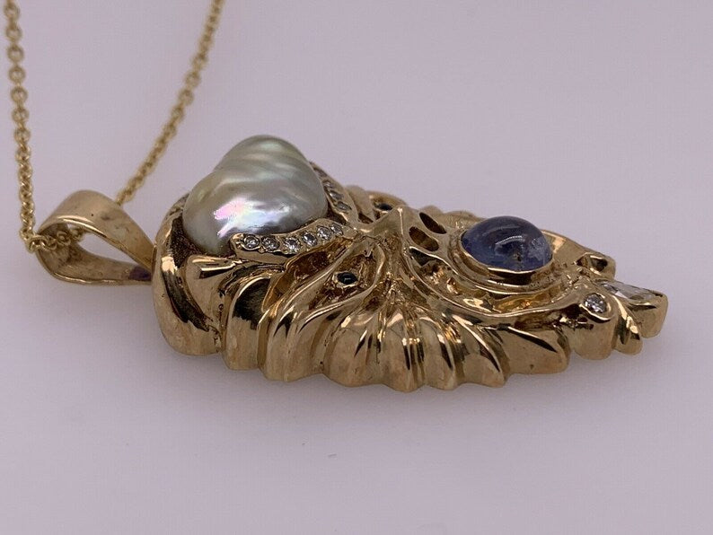 Retro Gold Warrior Head Natural Pearl, .30 Carat Diamond & Sapphire Pendant 1950