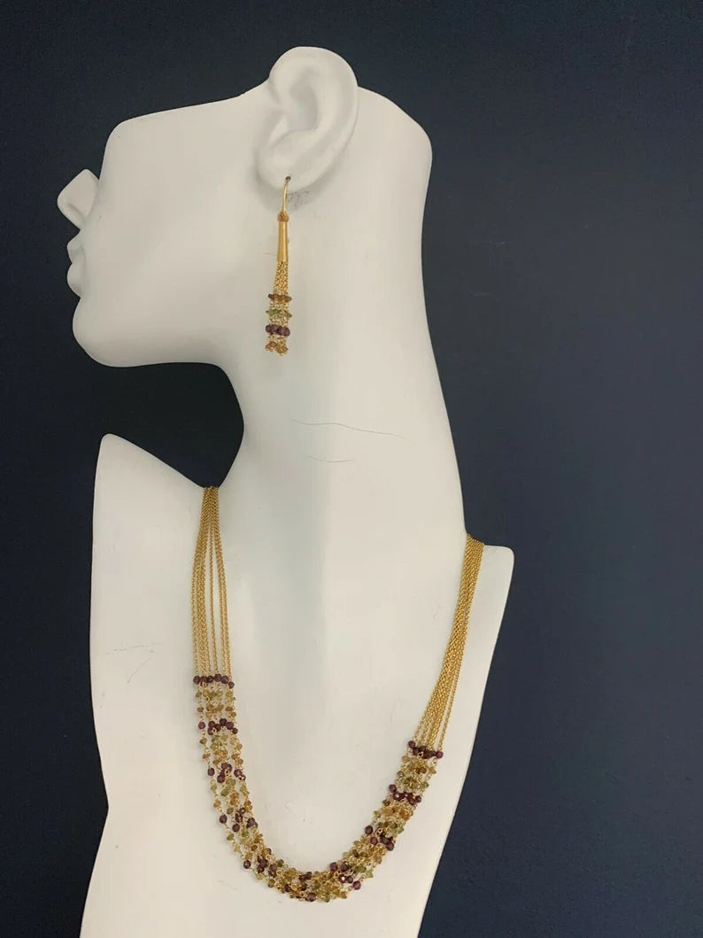 Modern Tanishq 22k Gold 31.31 Gram Necklace Earring Set Natural Colored Garnet