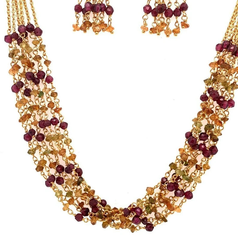 Modern Tanishq 22k Gold 31.31 Gram Necklace Earring Set Natural Colored Garnet