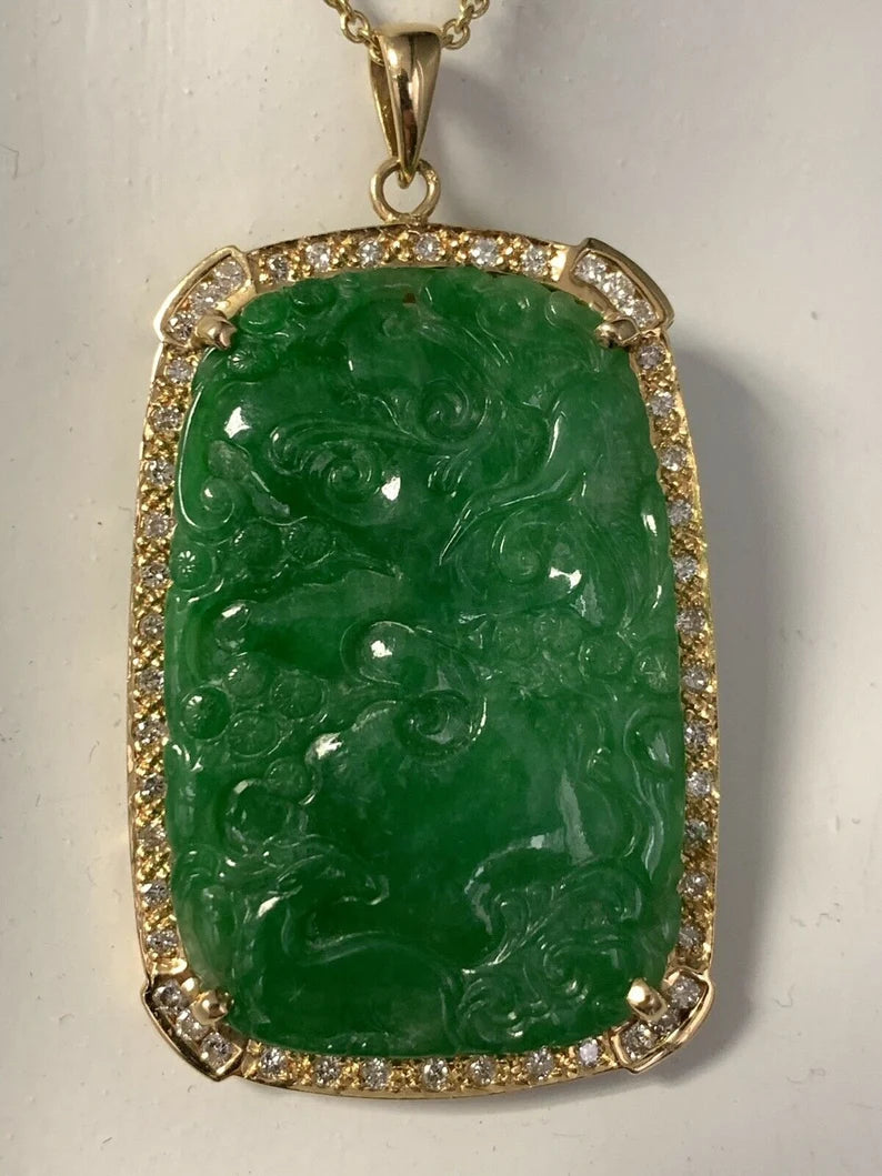 18k Gold Natural GIA Cert Jadeite "A" Jade Pendant 1ct Diamond Estate Gem Stone