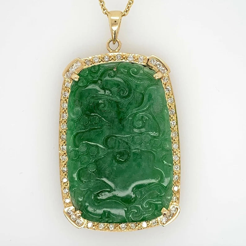 18k Gold Natural GIA Cert Jadeite "A" Jade Pendant 1ct Diamond Estate Gem Stone