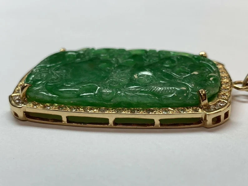 18k Gold Natural GIA Cert Jadeite "A" Jade Pendant 1ct Diamond Estate Gem Stone
