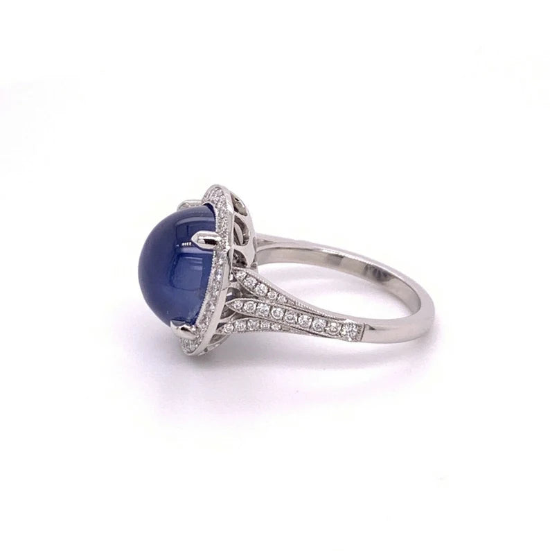 Platinum 10.80 Carat GIA Certified No Heat Blue Star Sapphire CAB & Diamond Ring
