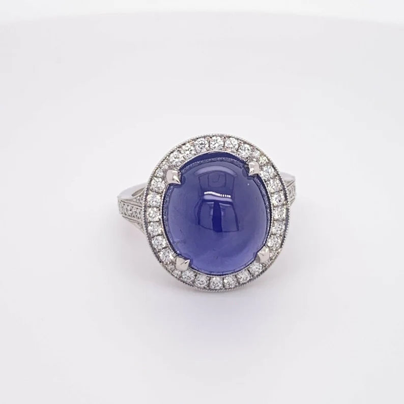 Platinum 10.80 Carat GIA Certified No Heat Blue Star Sapphire CAB & Diamond Ring