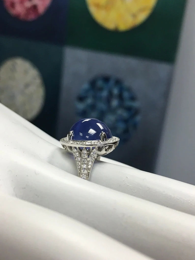 Platinum 10.80 Carat GIA Certified No Heat Blue Star Sapphire CAB & Diamond Ring