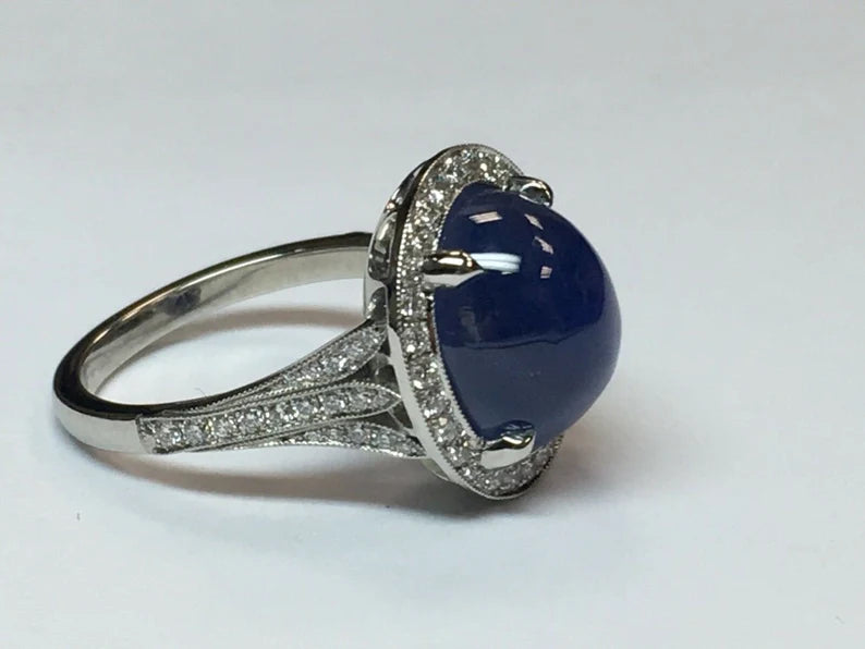 Platinum 10.80 Carat GIA Certified No Heat Blue Star Sapphire CAB & Diamond Ring