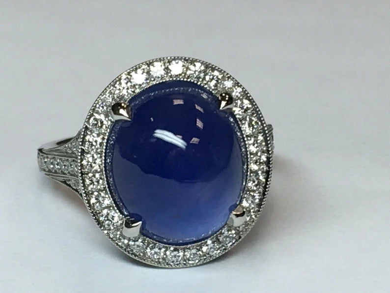 Platinum 10.80 Carat GIA Certified No Heat Blue Star Sapphire CAB & Diamond Ring