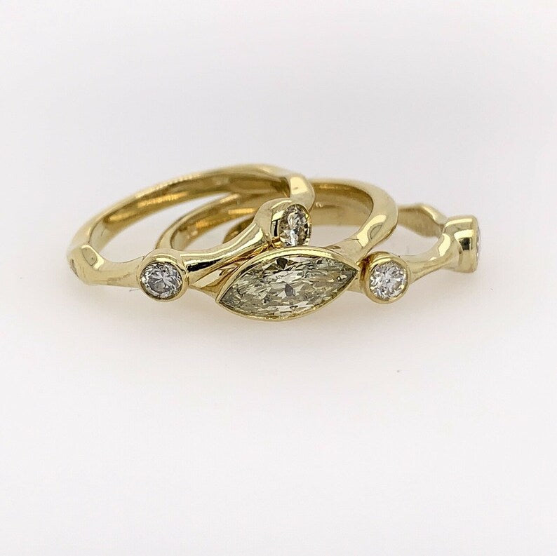 Yellow Gold 1.42 Carat Natural Marquise & Round Diamond Cocktail Stack Ring Set