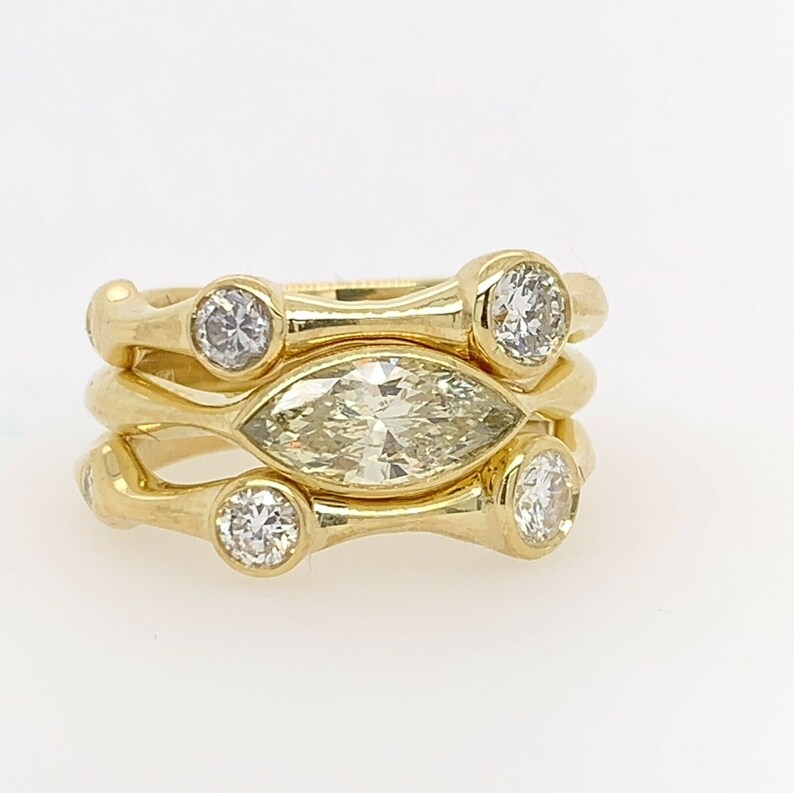 Yellow Gold 1.42 Carat Natural Marquise & Round Diamond Cocktail Stack Ring Set