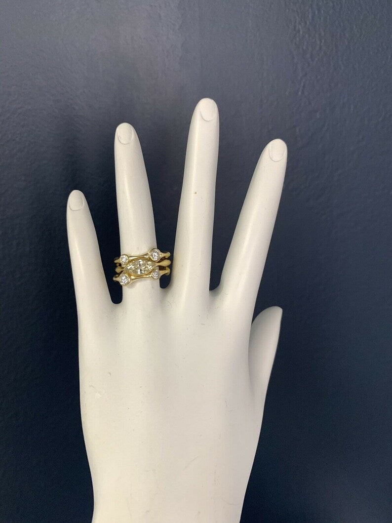 Yellow Gold 1.42 Carat Natural Marquise & Round Diamond Cocktail Stack Ring Set