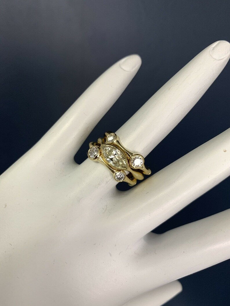 Yellow Gold 1.42 Carat Natural Marquise & Round Diamond Cocktail Stack Ring Set