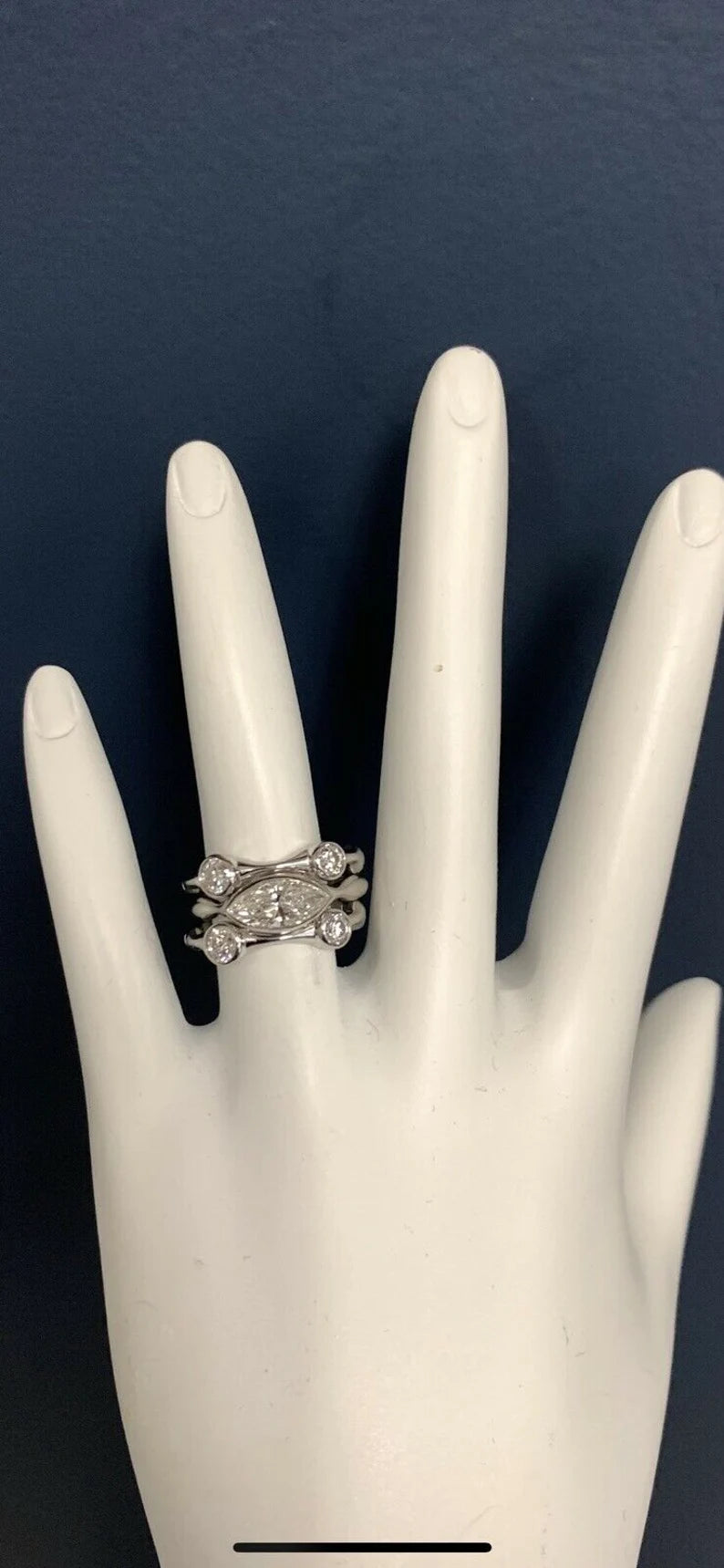 White Gold 1.63 Carat Natural Colorless Marquise & Round Diamond Stack Ring Set